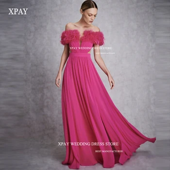 XPAY V-Neck Jednoduchý Party Šaty Peří Šifon Podlahy-Délka Off Rameno Dubaj Arábii Ženy Večerní Šaty Formální Plesové šaty
