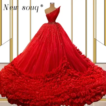 Červené Luxusní Nadýchané plesové Šaty Večerní Šaty s Dlouhou vlečkou Nádherné Navlékání korálků, Flitry, Volánky Ženy Svatební Party Šaty
