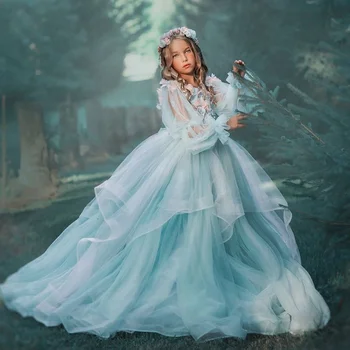 Modré Dlouhý Rukáv Princezna S Hlubokým Výstřihem Plesové Šaty Dívka Šaty První Přijímání Ples Kostýmy Šaty Nášivky 2023